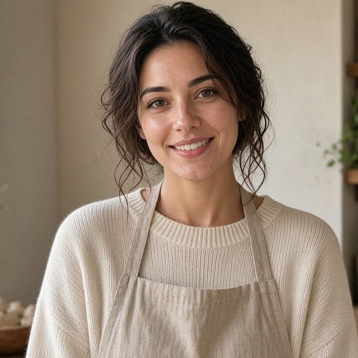 Portrait of Mira, smiling, in a cream sweater and linen apron
